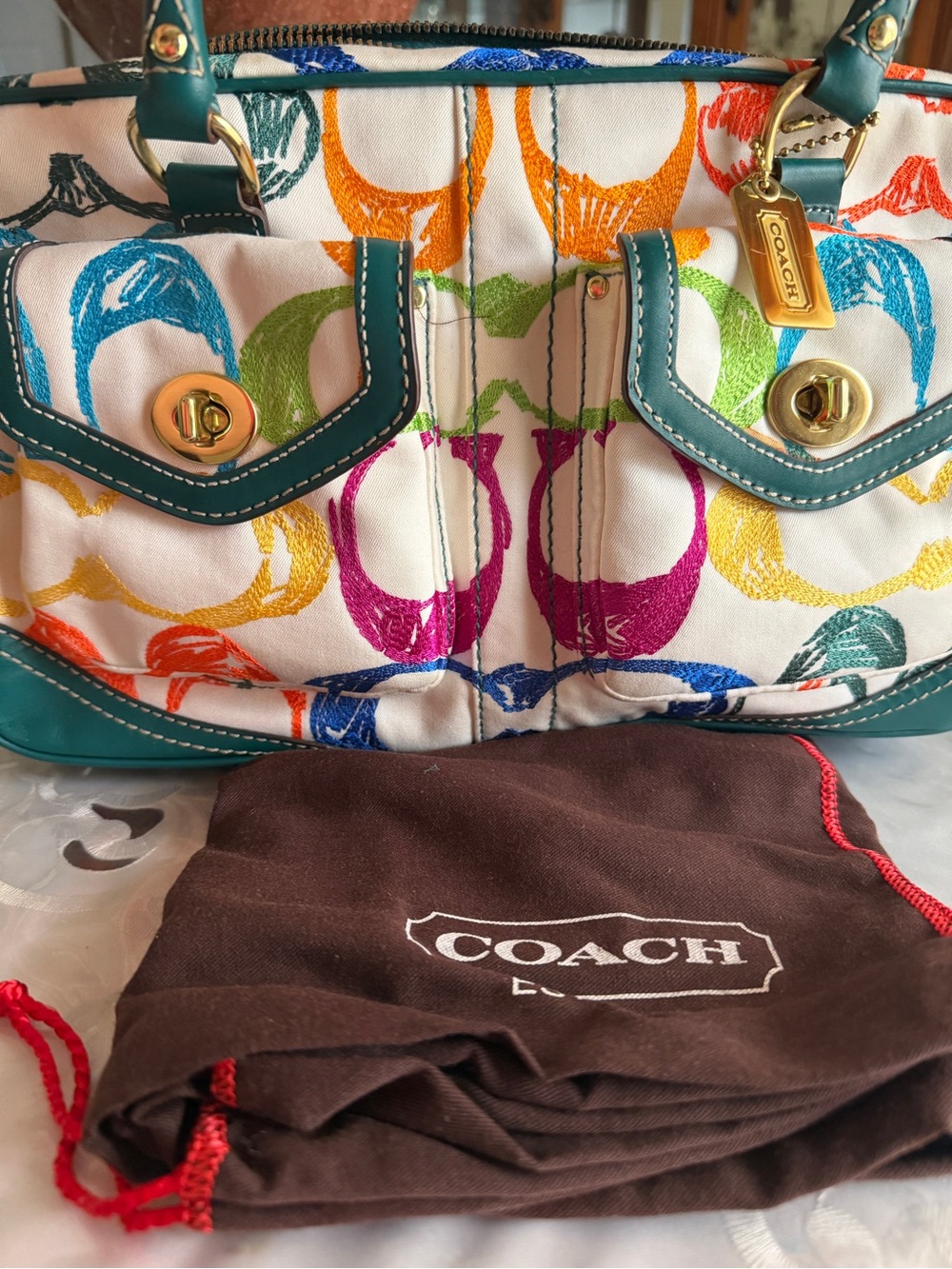 Coach Multicolor Signature Tote with Teal Trim and Gold Hardware